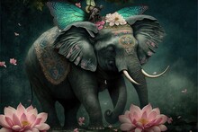  A Painting Of An Elephant With A Fairy Riding On It's Back With Flowers Around Its Neck And A Fairy Riding On Top Of It's Back With A Butterfly Wings And A Pink Flower.