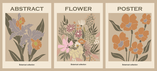 Wall Mural - Set of abstract flower posters. Trendy botanical wall arts with floral design in danish pastel colors. Modern naive groovy funky interior decorations, paintings. Vector art illustration.