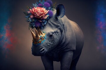 Canvas Print -  a rhinoceros with a flower on it's head is standing in front of a dark background with blue and pink colors and a red rose on its tuskrewing tusk. generative ai