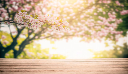 Wall Mural - Empty wood table top and blurred sakura flower tree in garden background, for display or montage your products.	