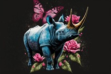  A Rhino With A Butterfly On Its Back And A Pink Rose On Its Back With A Butterfly On Its Back And A Pink Rose On Its Back With A Black Background With A Pink Butterfly.