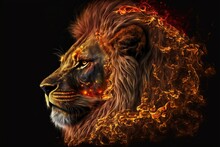  A Lion With A Fire Pattern On Its Face And A Black Background With A Black Background And A Red And Yellow Lion With A Black Background And Orange Flame Pattern On Its Head And Neck And Chest 