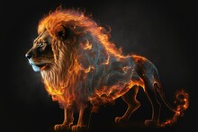  A Lion With A Lot Of Fire On Its Face And Tail, Standing In The Dark With Its Mouth Open And Eyes Closed, With A Black Background Of A Black Background With A Red And Blue And Yellow Border 