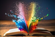  An Open Book With A Rainbow Of Colored Dust Coming Out Of It On A Wooden Table With A Blue Sky In The Background And A Rainbow Of Colored Dust Coming Out Of The Book Is.