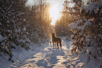 Wall Mural - Young Tamaskan dog during winter walk in a forest