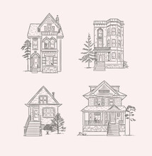 Victorian Houses Drawing In Old Fashioned Vintage Style On Light Background.