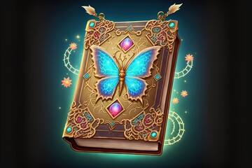 Wall Mural -  a book with a butterfly on top of it and a blue background with stars and circles around it and a blue background with stars and circles around the book and Generative AI