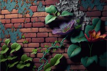  A Brick Wall With A Painting Of Flowers And Leaves Growing On The Side Of The Wall And A Green Vine On The Side Of The Wall, And A Brick Wall With A Green Vine And Red Brick.