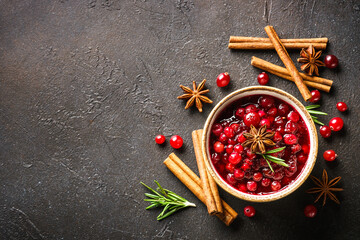 Wall Mural - Cranberry sauce in a bowl top view.