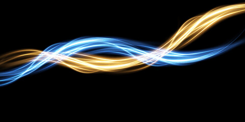 Leinwandbilder - Abstract light lines of movement and speed in blue and gold. Light everyday glowing effect. semicircular wave, light trail curve swirl, car headlights, incandescent optical fiber png.