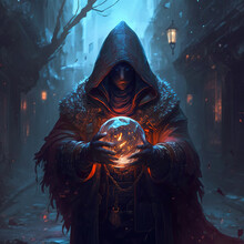 A Man In A Hooded Suit Holding A Glowing Ball, Fantasy, Magic, Art Illustration