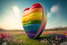  A Large Heart Shaped Balloon In A Field Of Flowers With The Sun Shining Through The Clouds In The Background And A Blue Sky With Clouds And Pink And Yellow Flowers In The Foreground,.