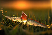  A Water Droplet Sitting On Top Of A Leaf In A Field Of Grass With The Sun Setting Behind It And Reflecting Off The Leaf's Surface In The Water Droplets On The Grass.