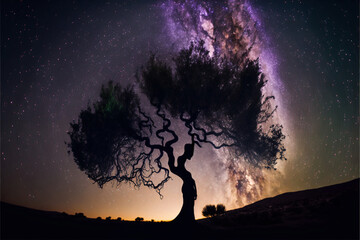 Wall Mural - silhouette of olive tree against night sky with milky way galaxy. designed using generative ai.