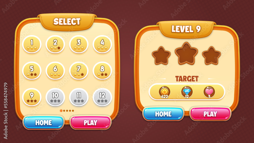 Game Start Text Ui Game UI vector set - select level and level start popups and buttons ...