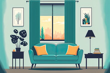 Interior Of A Living Room With A Window In A Flat Design. Text Based Banner Image In Format. Background. Generative AI