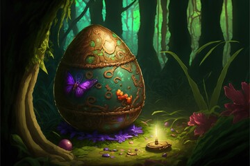 Wall Mural -  an easter egg sitting in the middle of a forest with a lit candle in the middle of the ground next to it is a purple flower and a green leafy area with a light. Generative AI