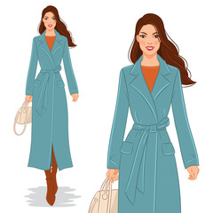 Wall Mural - Vector fashion illustration of a beautiful, young, smiling woman in a winter outfit.
A fashion model walking in a stylish coat, isolated on white background.