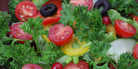 Wall Mural - Tomato, cucumber, olives, parsley, pepper in salad close-up.