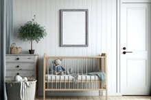 Mock Up Frame In A Boy's Nursery With Furnishings Made Of Natural Wood,. Generative AI