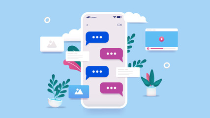 Fototapete - Phone text messages - Smartphone screen with texting and sending photos and videos. Digital communication concept, vector illustration with blue background