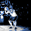 Illustration played basketball with a ball against the background of the stadium