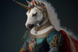 Created with Generative AI technology. portrait of a Unicorn in renaissance clothing