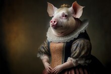 Created With Generative AI Technology. Portrait Of A Pig In Renaissance Clothing