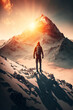 © XtravaganT - high altitude climber in front of alpine mountain with glacier. Adventure achievement and success concept. designed using generative ai.