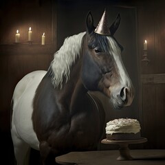 Wall Mural - A image of a horse next to a birthday cake, happy birthday animal card, Generative AI