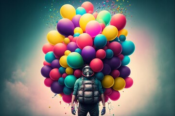 Wall Mural - Man with mask and colorful ballons. Generative AI