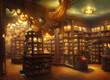 A painting of goods on sale in an old fashioned department store with rows of shelves inside ornate cabinets stocked with various products illuminated in a nostalgic retro style. generative ai
