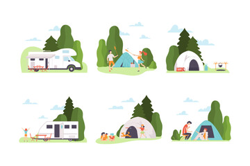 Poster - Tourists on vacation set. People traveling buy trailers and camping on nature on summer holidays flat vector illustration