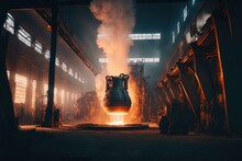 A Giant Metal Factory With Molten Metal Being Worked On.