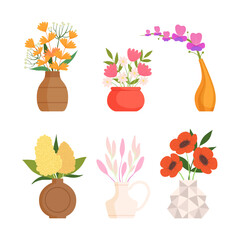 Wall Mural - Set of flower bouquets. Bright summer blooming flowers in vases cartoon vector illustration