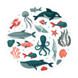 Marine animals in round shape. Underwater world, sea creatures banner, poster, card design template cartoon vector