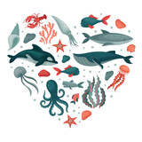 Fototapeta Pokój dzieciecy - Marine animals in heart shape. Underwater world, sea creatures banner, poster, card design template cartoon vector