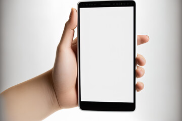 Poster - With a clipping path, a hand held guy is holding a smartphone with a blank screen. Generative AI