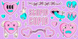 Y2K groovy anti valentines day conception. Sticker pack of funny cartoon hearts and elements. Set of comic elements in trendy psychedelic weird cartoon style. Trendy neon 2000s style.  Stupid cupid.