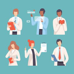 Poster - Hospital medical staff set. Doctors and nurses in uniform doing different activities flat vector