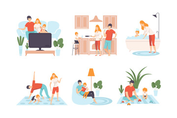 Wall Mural - Happy family having good time at home set. Parents and kids cooking, watch tv, taking bath, doing sports, reading book cartoon vector illustration