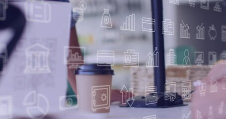 Poster - Animation of business icons over hands giving coffee