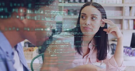Poster - Animation of data processing over diverse couple talking and drinking coffee