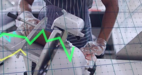 Poster - Animation of data processing over biracial male shop assistant cutting salami