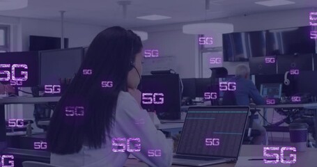 Poster - Animation of 5g texts over asian woman using phone headset