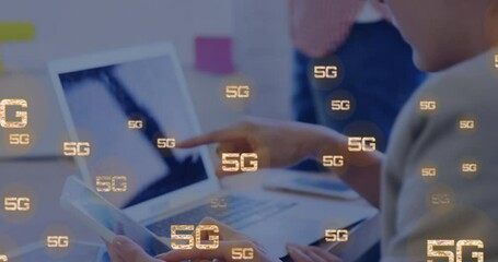 Poster - Animation of 5g texts over caucasian woman using laptop