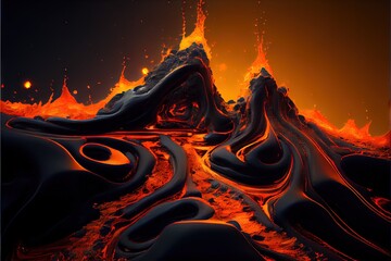 Cooling lava after a volcanic eruption in black. AI generated art illustration.	
