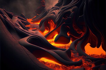 Cooling lava after a volcanic eruption in black. AI generated art illustration.	
