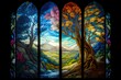 Luminous stained glass window. AI generated art illustration.	
