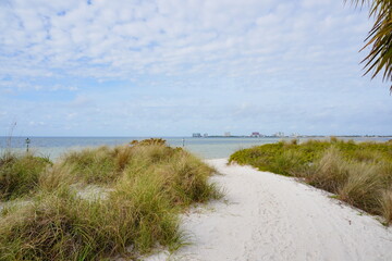 Winter landscape Cypress Point Park and Tampa Bay in Florida. It is close to TPA airport and is an Oceanfront park with a boardwalk, hiking trails, dunes, picnic shelters and a canoe dock.